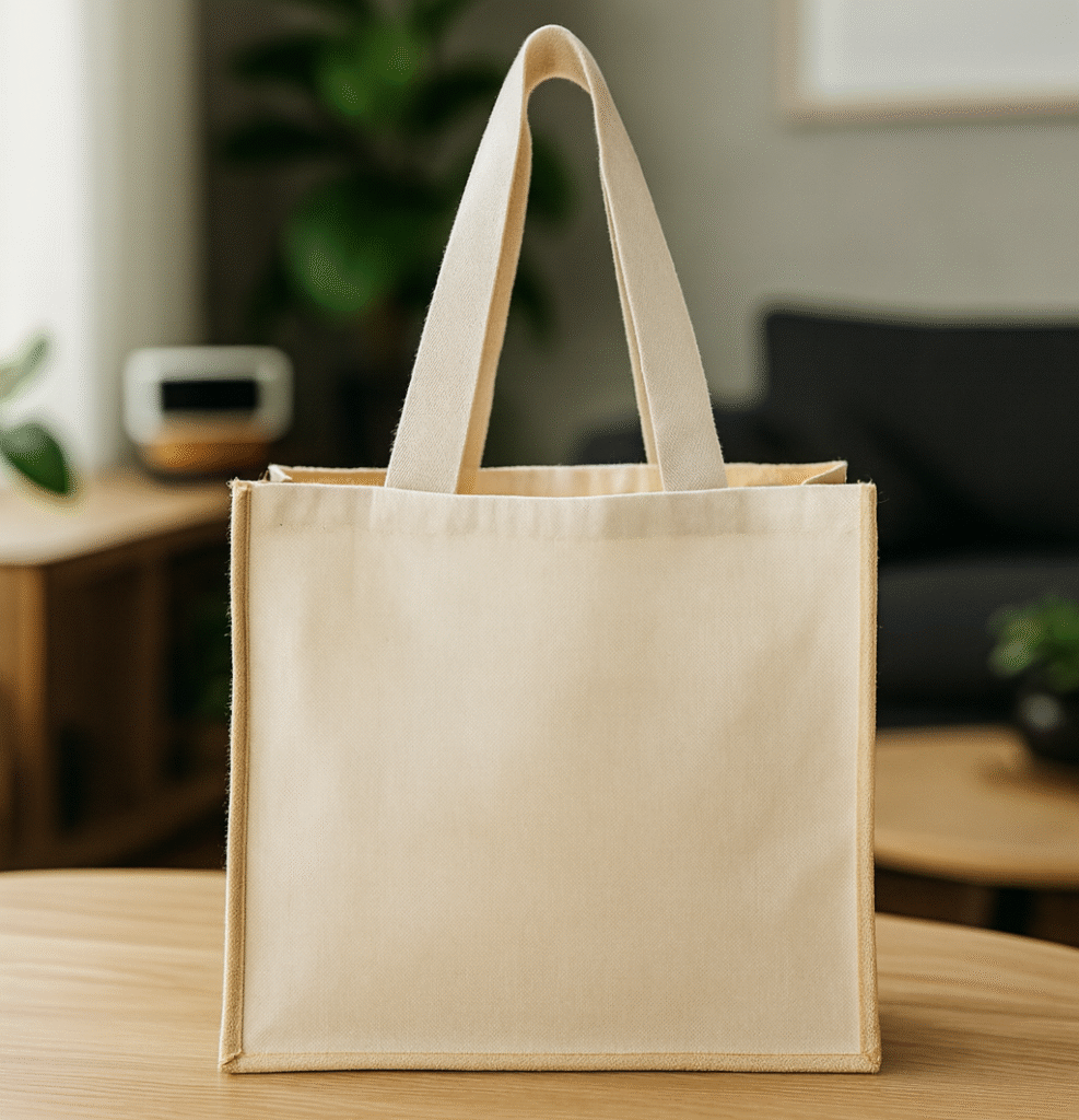 Bolsa ecológica de yute y manta color natural, con asas cortas y fuelle lateral